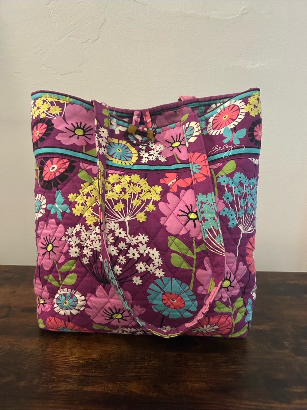 Vera Bradley Purple Floral Quilted Tote with Teal & Yellow Accents